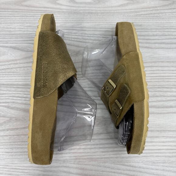 Birkenstock Vaduz Slide Sandals Sz 38 Gold Metallic Suede Leather Slip On Buckle - Picture 6 of 9